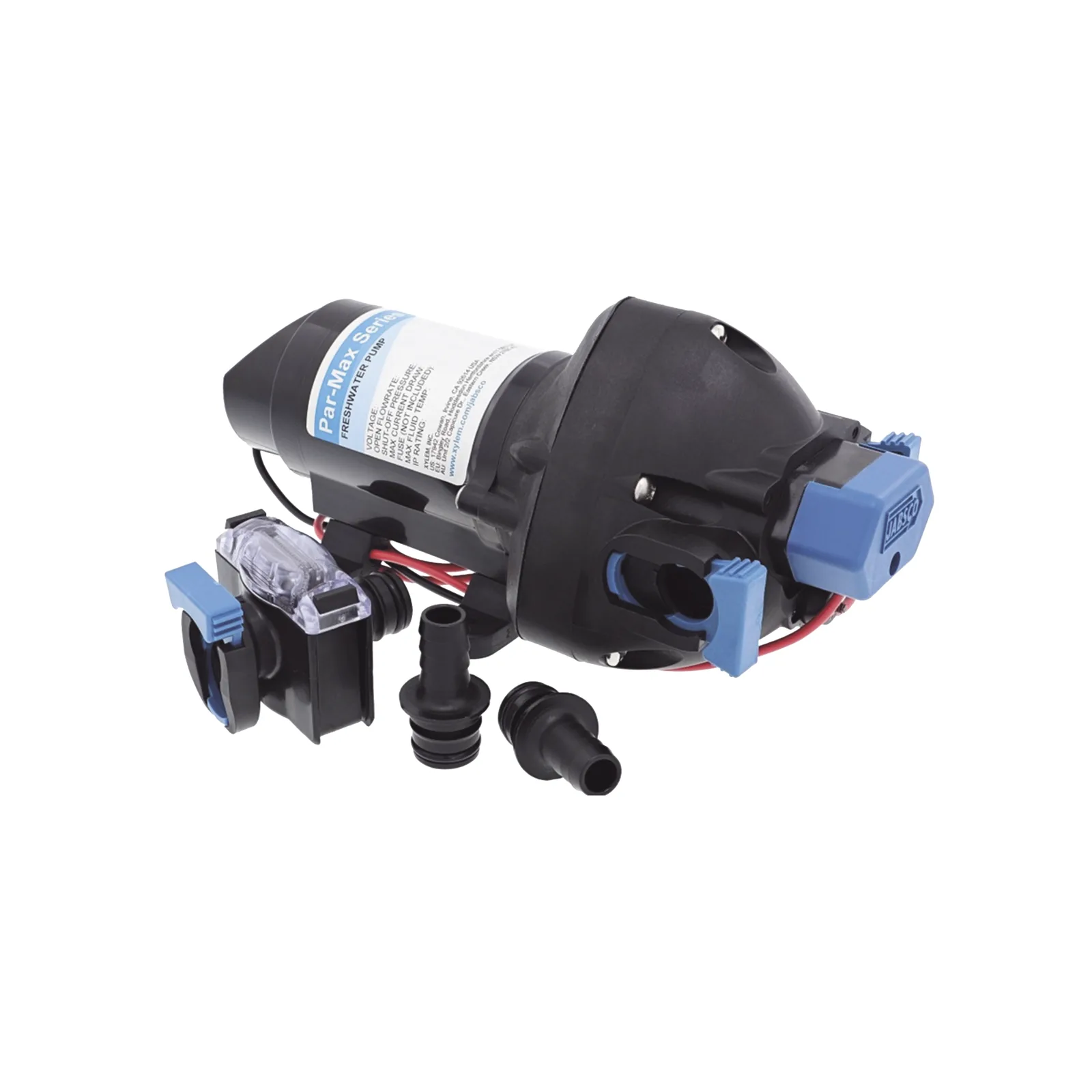 Bomba controlada por presión Par Max a 12 Vcd, caudal de 2 GPM, presión máxima 35 psi, para manguera de entrada con orificio de 38 mm (1½”), manguera de descarga con orificio de 25 mm (1”)