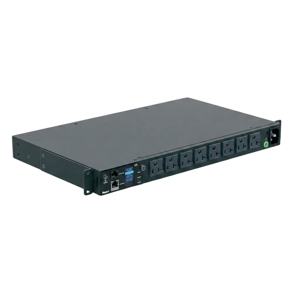 PDU Monitoreable (MI) para Distribución de Energía, Enchufe de Entrada NEMA 5-15P, Con 8 Salidas 5-20R, Horizontal 19in, 120 Vca, 20 Amp, 1UR