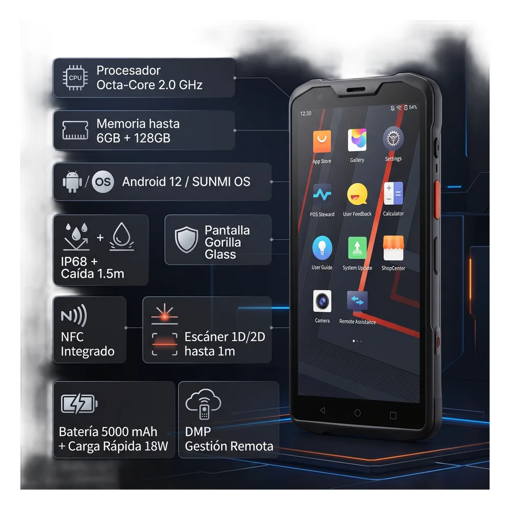 Handheld SUNMI L2S PRO / Octa-Core 2.0 GHz / 4GB RAM 64GB / IP68 / Escáner 1D/2D 1 m / NFC / 5000 mAh / Android 12