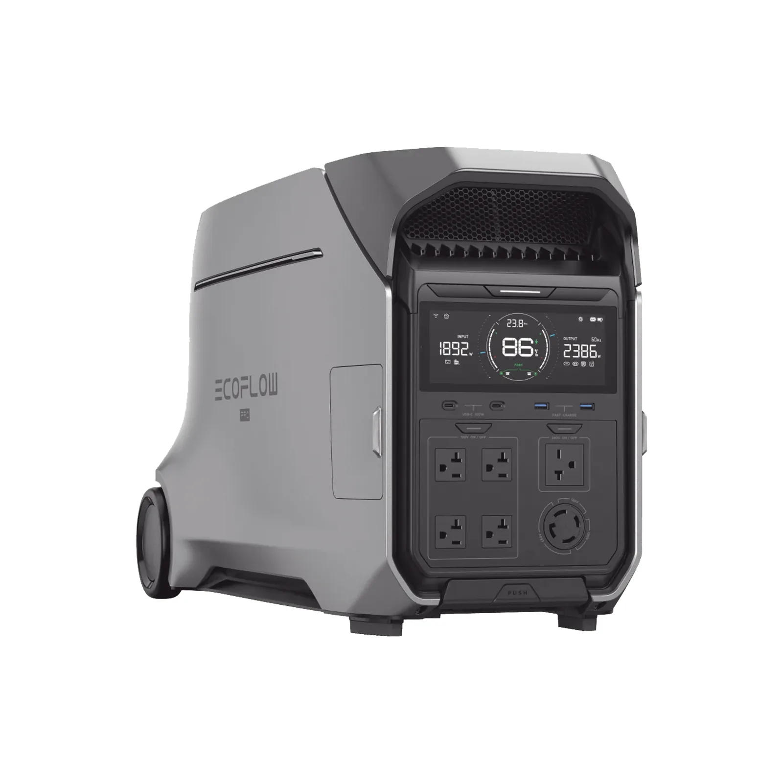 Estación de Energía Portátil DELTA PRO3 / 4096Wh Litio LFP / 5 AC 4000W (8000W Pico) / 2 USB-C 100W / Capacidad para Aumentar Respaldo / Cargador de Coche 10A a 12.6V / Conectividad WiFi y Bluetooth (App) / Carga Solar 2600W Max. (2 P