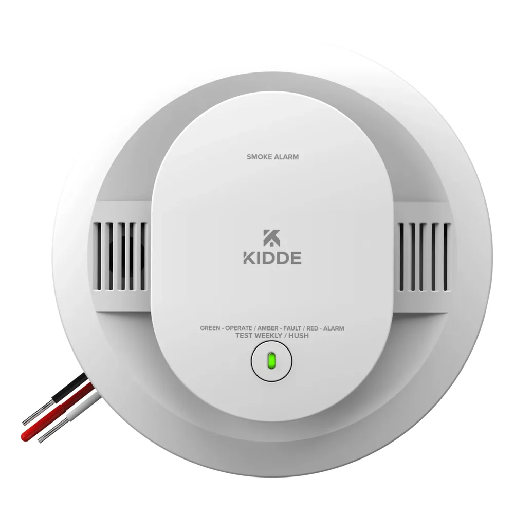 Detector de humo fotoeléctrico alámbrico 120 V CA con respaldo de baterías AA, interconexión hasta 24 dispositivos, pieza
