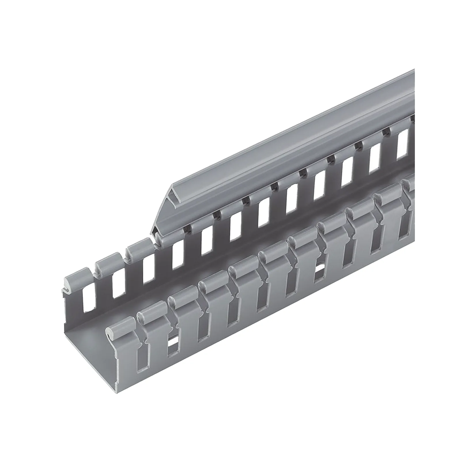 Canaleta Ranurada de PVC sin Tapa, Tipo H (Tapa Abisagrada), 55.1 mm de Ancho, 50.3 mm de Alto y 1828.8 mm de Largo, Color Gris