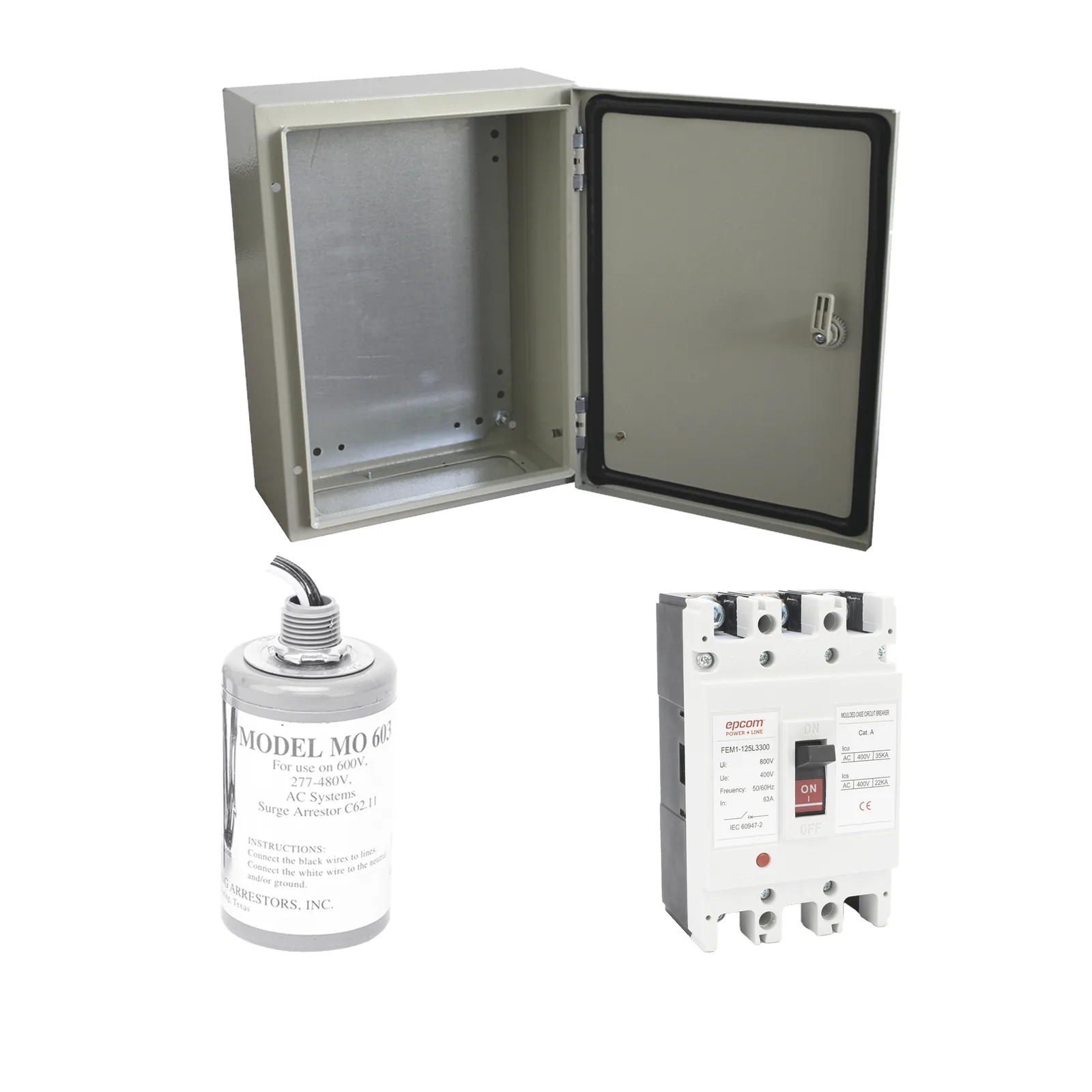 Kit de Centro de Carga Trifasico Para Corriente Alterna, Breaker de hasta 690 Vc de 63 A con Supresor de Descargas Atmosféricas.