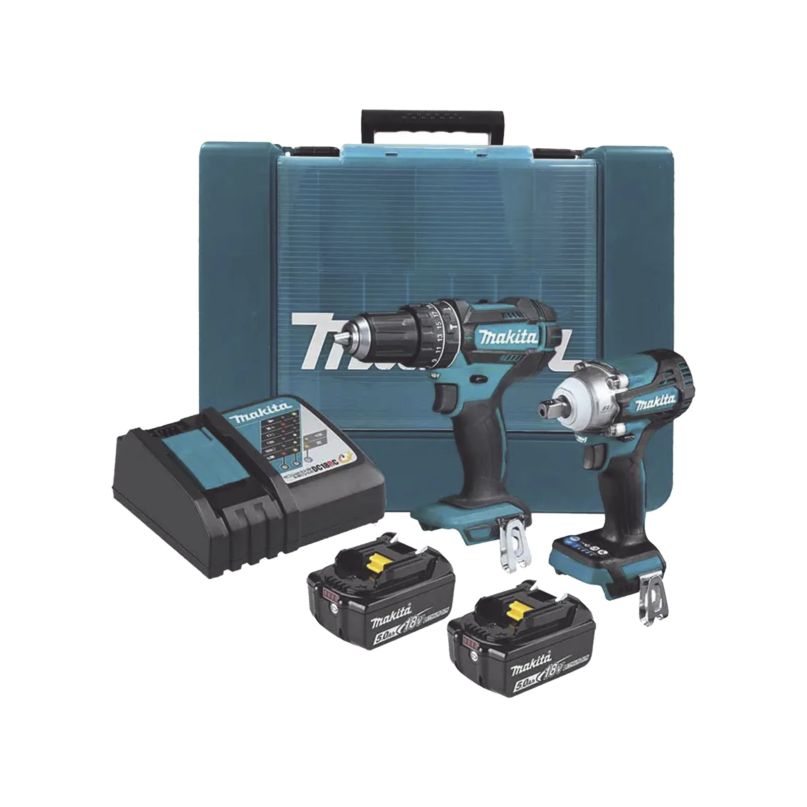 Kit de Rotomartillo Atornillador DHP482 + Atornillador de Impacto DTW301, incluye 2 Baterías BL1850B, 1 Cargador DC18SD y Maletín Plastico