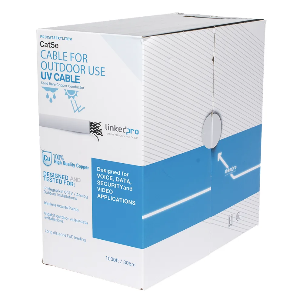 Bobina de cable de 305 m, Cat5e, para intemperie, sin blindar, color blanco, UL, para aplicaciones en CCTV, redes de datos, Requiere tubería para su correcta instalación en ambientes exteriores.