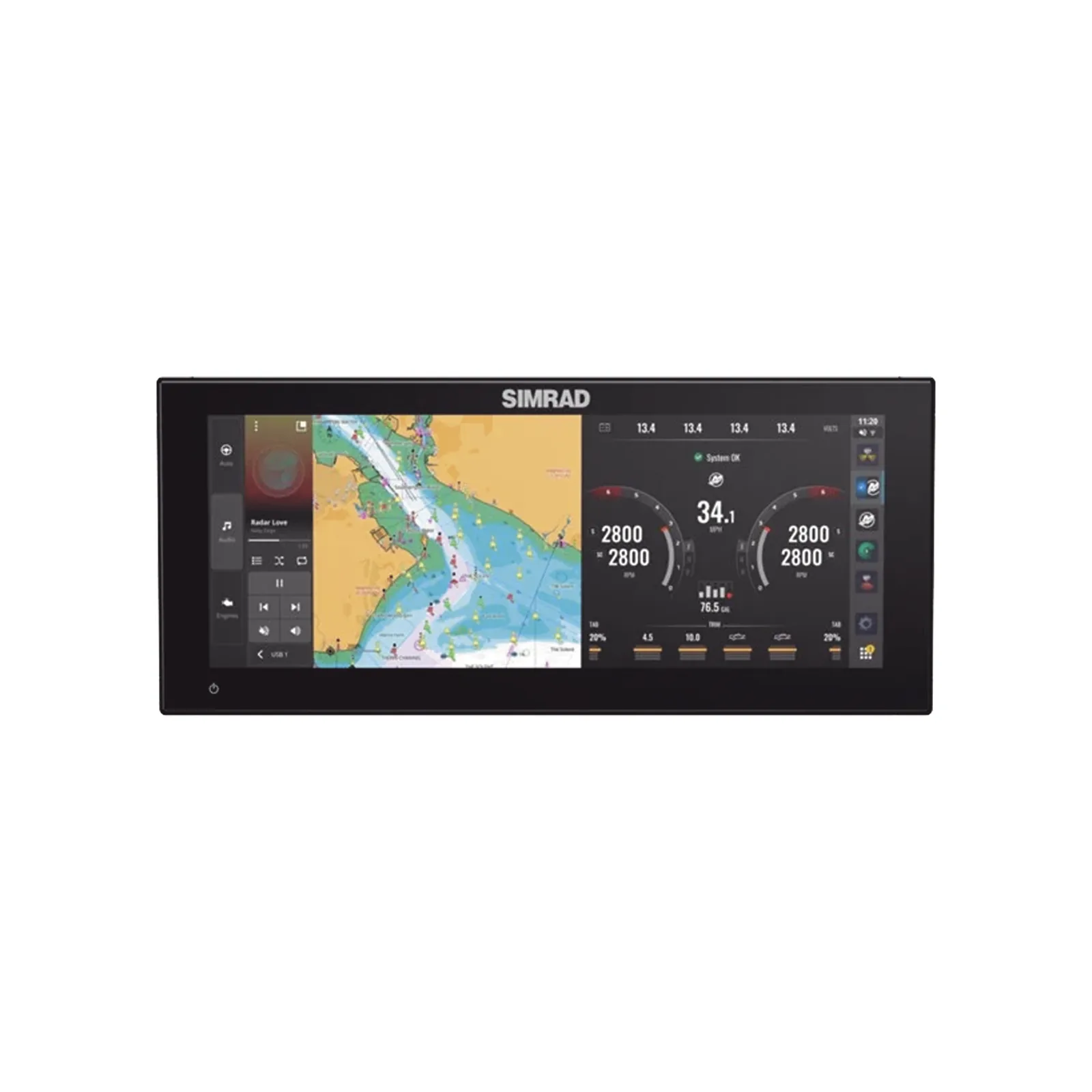 Pantalla Ultrawide NSX ULTRAWIDE de 12 pulgadas / Pantalla SolarMAX™ IPS HD / Integración con Mercury® y CZone® / Sonar Active Imaging™ / Compatibilidad con C-MAP® X-Gen Charts / NMEA 2000® / Ethernet y USB