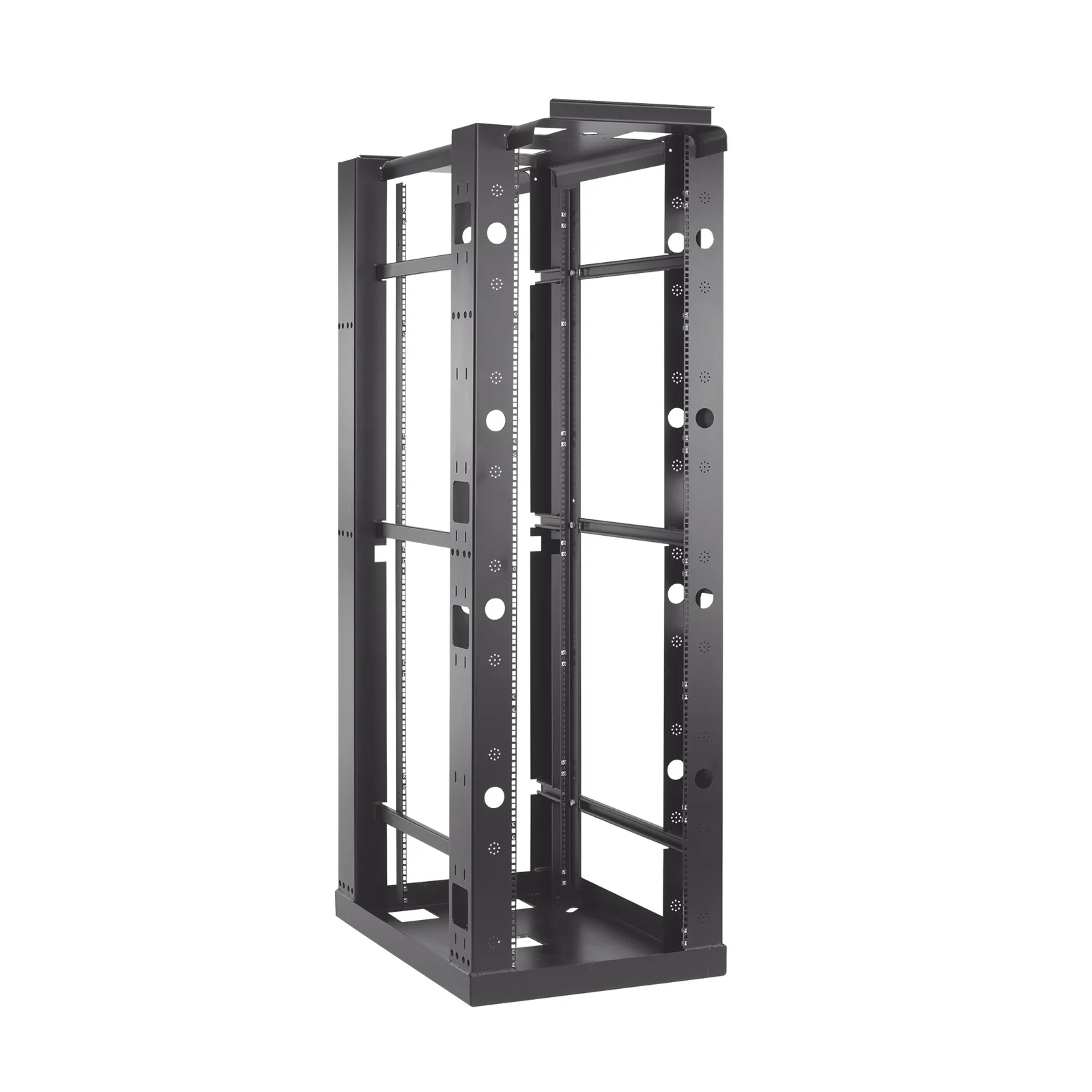 Rack Abierto Sísmico de 4 Postes Estándar de 19 in / 45U / 2.19 m (7.2 ft) de Altura / Capacidad 2,500 lb (1,134 kg) / Acero 3.4 mm / Certificación NEBS Zona 4 y OSHPD / Negro RAL 9005