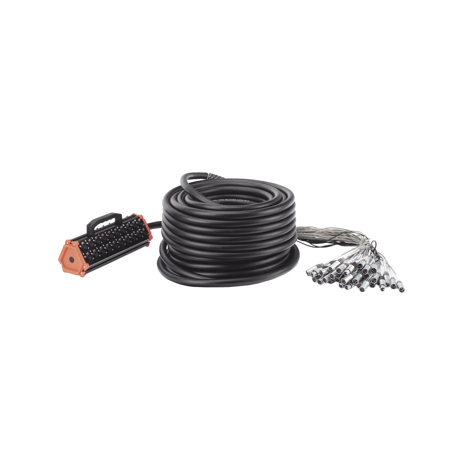 STAGEBOX, 32+8 CANALES, 8 EXTREMOS SON SCMM3 XLR Macho, LOS OTROS 32 EXTREMOS SON SCMF3 XLR Hembra de 3 núcleos con carcasa de acero inoxidable y contactos chapados en oro