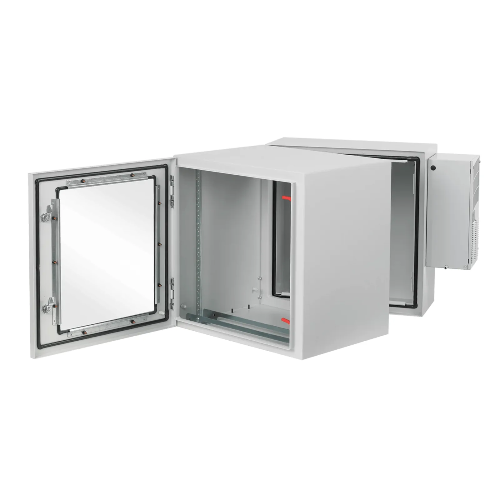 Gabinete Industrial ProTek de Puerta con Ventana, Con Aire Acondicionado de 800 BTU, Protección NEMA Tipo 4/12; IP66; IK10, Abatible, Fabricado en Acero, 19 UR, Color Gris Claro