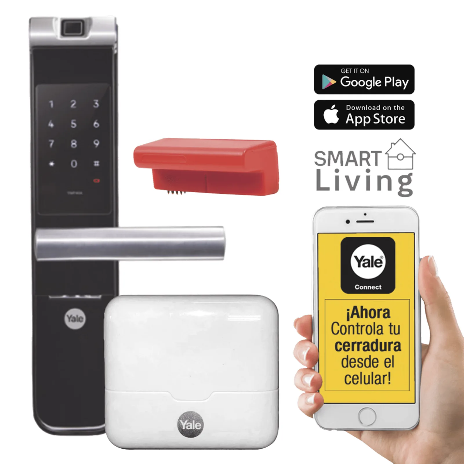 Kit Cerradura con manija YMF40A y HUB, Apertura por, Código, Biometría y apertura por SMARTPHONE, Para puertas de 35 a 90 mm de espesor