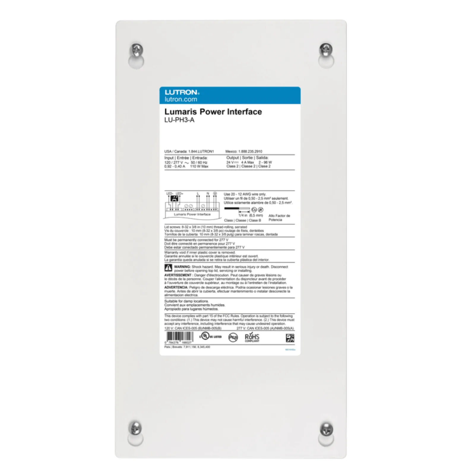 Interfaz de alimentación cableada para tira LED Lumaris, hasta 3 controladores inalámbricos, sistema RadioRA 3