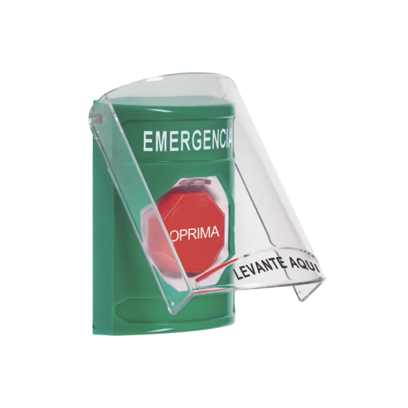 ​​Botón Multipropósito, Color Verde, De Superficie, Con Tapa De Policarbonato, Con Bocina Pre Alarma, Solo Interior, Llave Para Restablecer, Texto De Emergencia, Español