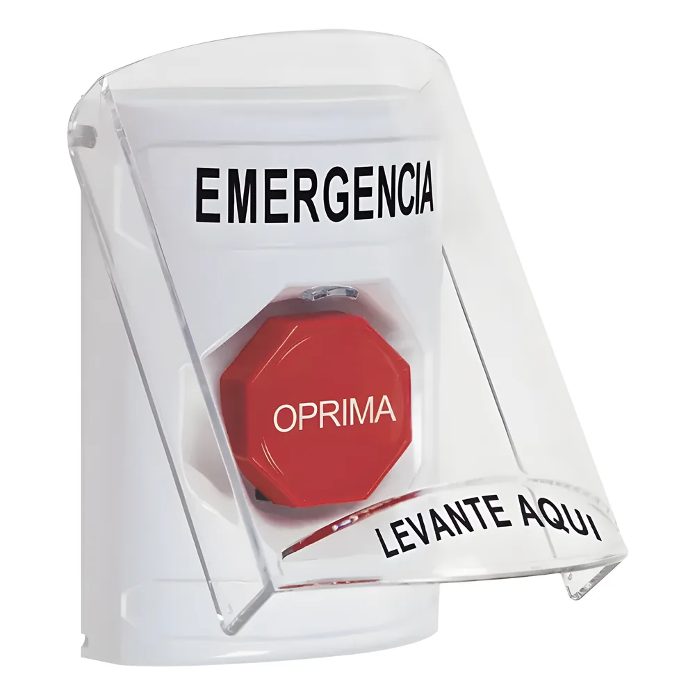 ​Botón Multipropósito, Color Blanco, De Superficie, Con Tapa De Policarbonato, Con Bocina Pre Alarma, Solo Interior, Llave Para Restablecer, Texto De Emergencia, Español