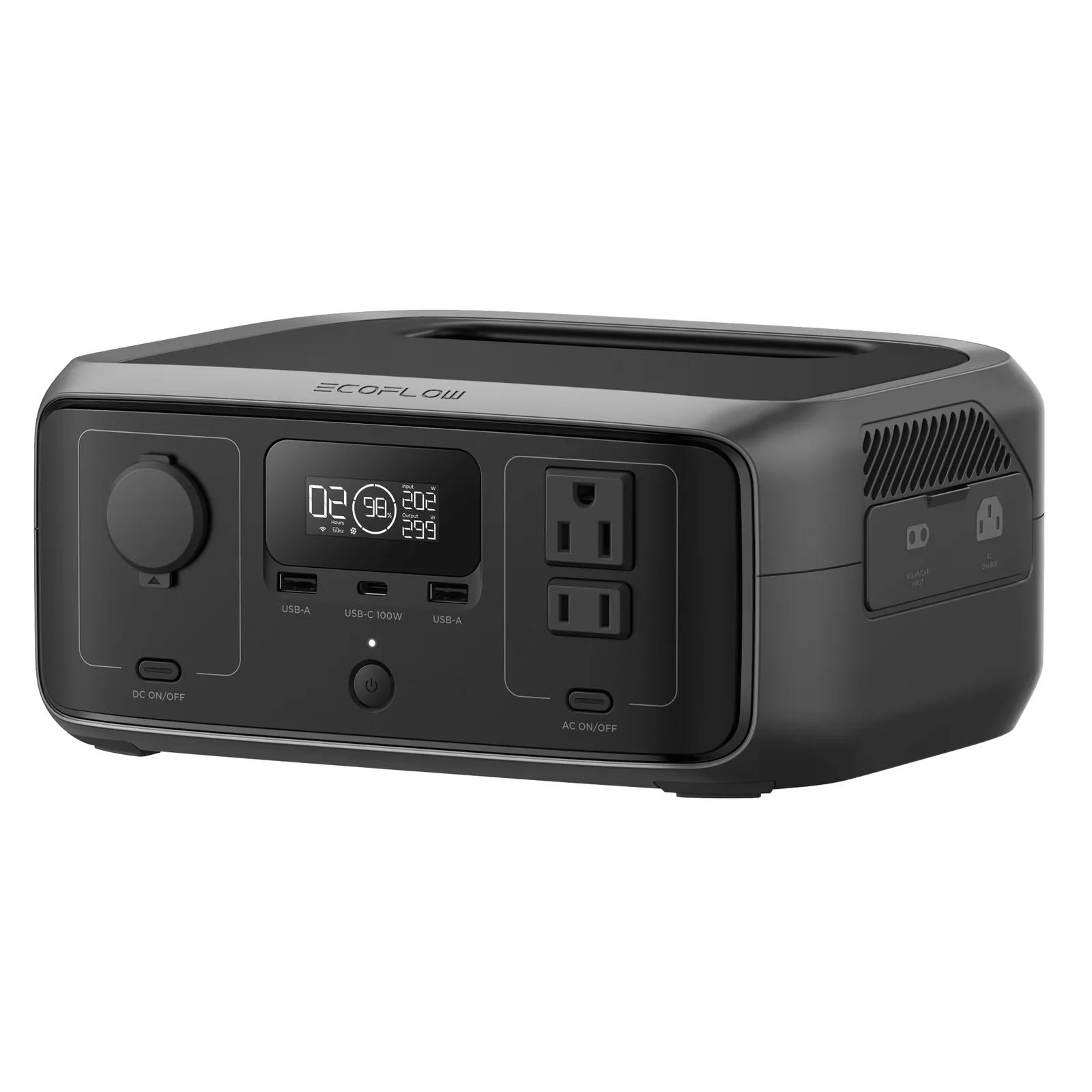 EcoFlow River 3 | Estación de Energía Portátil 245Wh Litio LFP / 2 AC 300 W (Max. 550W) / 1 USB-C 100W / 2 USB -A 12W / Cargador de Coche 8A a 12 o 24V / Conectividad WiFi y Bluetooth (App) / Carga Solar 110W Max.