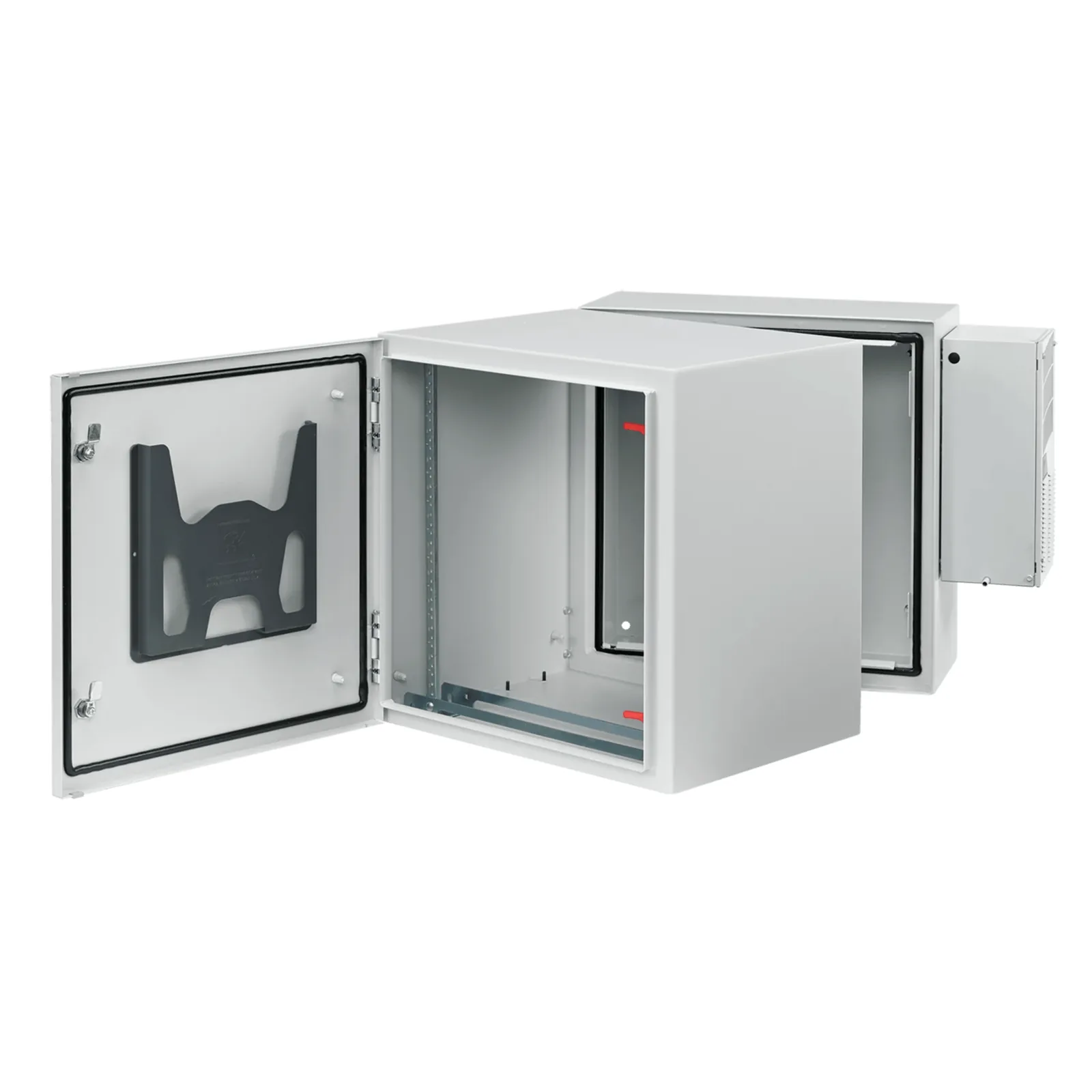 Gabinete Industrial ProTek de Puerta Sólida, Con Aire Acondicionado de 4000 BTU, Protección NEMA Tipo 4/12; IP66; IK10, Abatible, Fabricado en Acero, 19 UR, Color Gris Claro