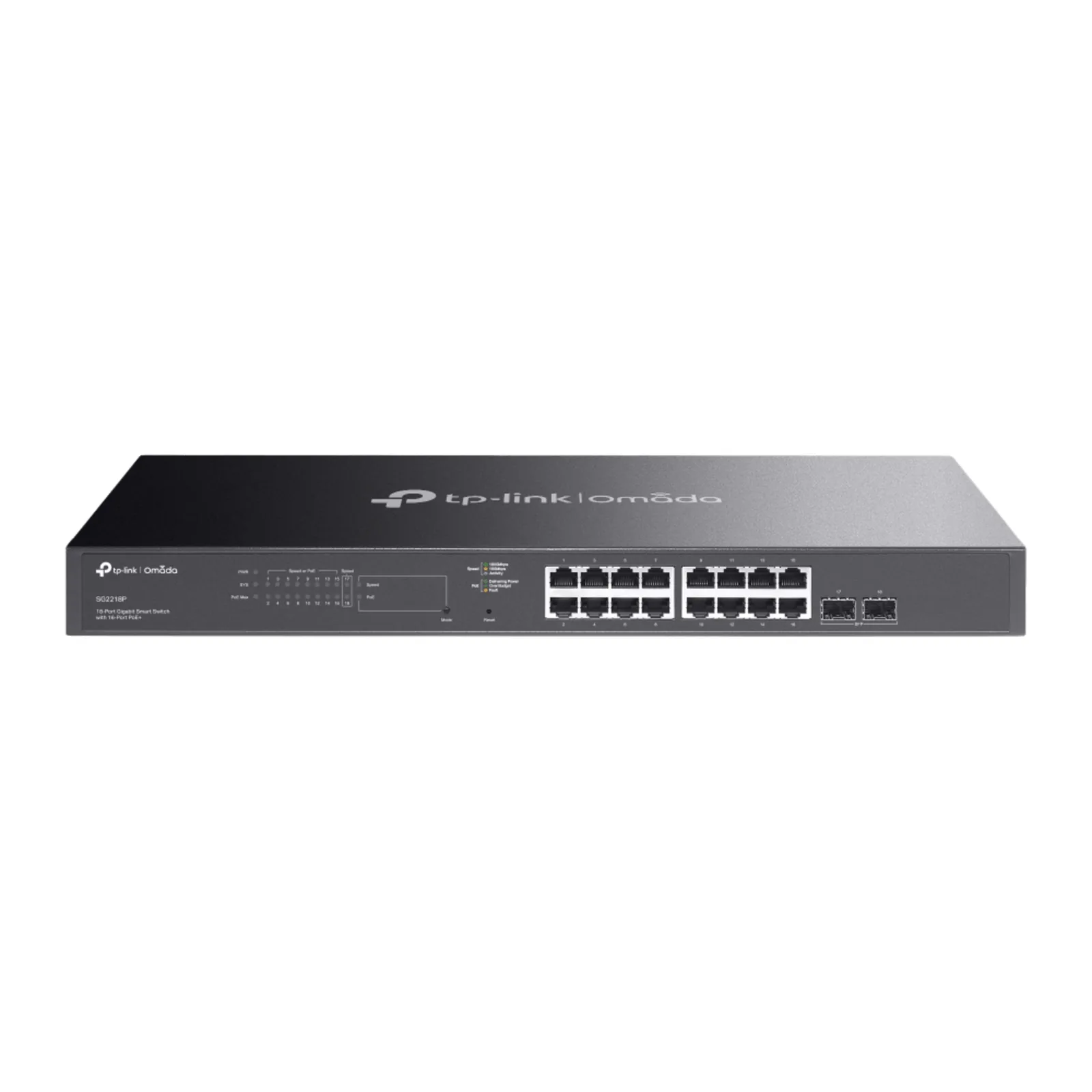 Switch Smart Omada 18 Puertos Gigabit / 16 Puertos PoE+ 802.3af/at / 2 Ranuras SFP Gigabit / Presupuesto PoE 150 W / Switching 36 Gbps / Enrutamiento Estático L2+ / Gestión Cloud SDN / Fanless / Montable en Rack