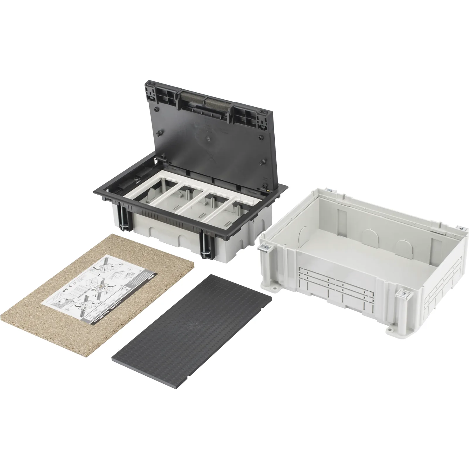 Caja Para Instalación en Pavimento para Voz, Datos o Contactos Eléctricos / Capacidad para 4 Módulos / Espacio Embellecedor en la Tapa / Profundidad Ajustable de 70 a 100 mm (2.76 a 3.94 pulgadas) / Los Módulos se Adquieren Aparte / Incluye Registro