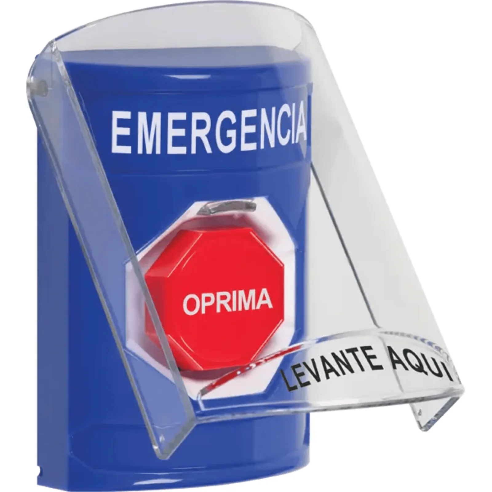 ​Botón Multipropósito, Color Azul, De Superficie, Con Tapa De Policarbonato, Sin Bocina Pre Alarma, Solo Interior, Llave Para Restablecer, Texto De Emergencia, Español