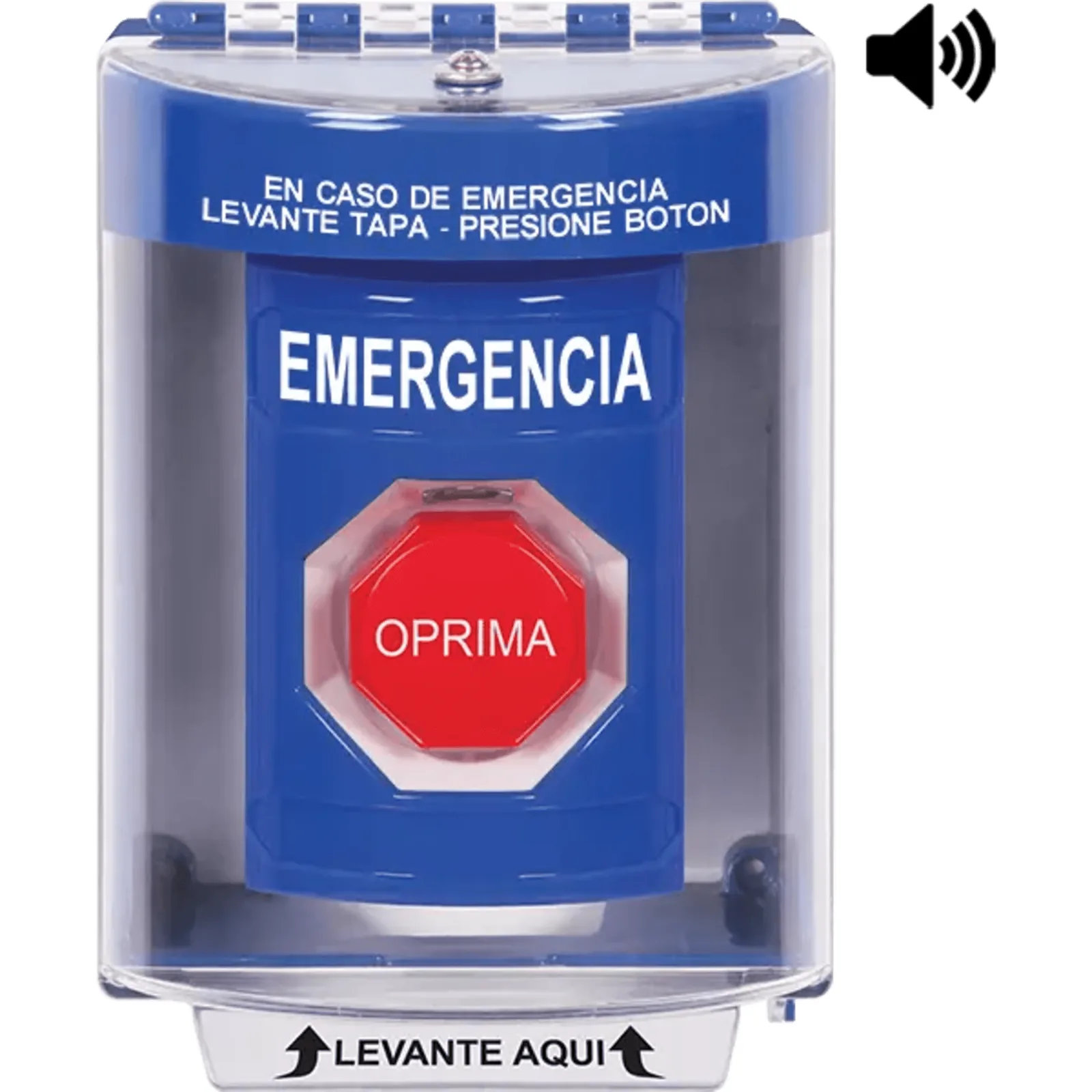 ​Botón Multipropósito, Color Azul, De Superficie con Espaciador, C/Tapa De Policarbonato, C/Bocina Pre Alarma, Interior/Exterior, Llave Para Restablecer, Texto De Emergencia, Español