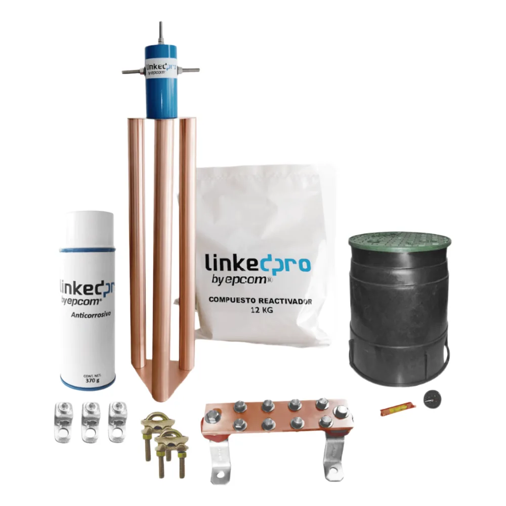 Kit Puesta a Tierra 200A / Electrodo Cobre Electrolítico / Diseño Delta / Filtro Equipotencial / Compuesto 12 kg / Barra Unión + Conectores + Registro