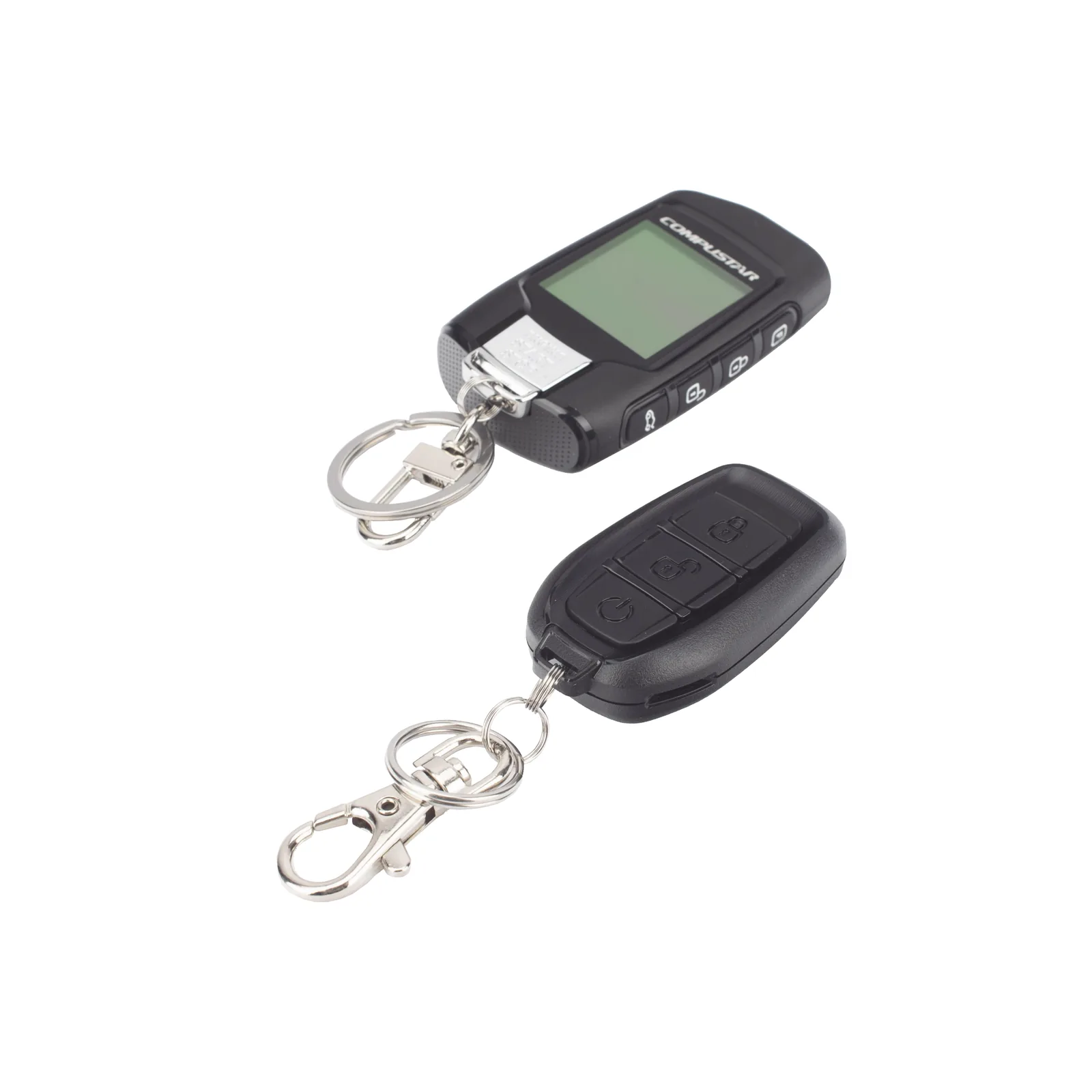 All-in-One 2-Way Remote Start + Alarm Bundle / 3000 ft (914.4 m) Max Range / 2-Way LCD Confirmation / Full-Color LCD Screen / Remote Start / Security / Keyless Entry / Lock-Arm / Unlock-Disarm / Trunk Release / Panic-Siren / Tilt Sensor / Dual-Stage Shock