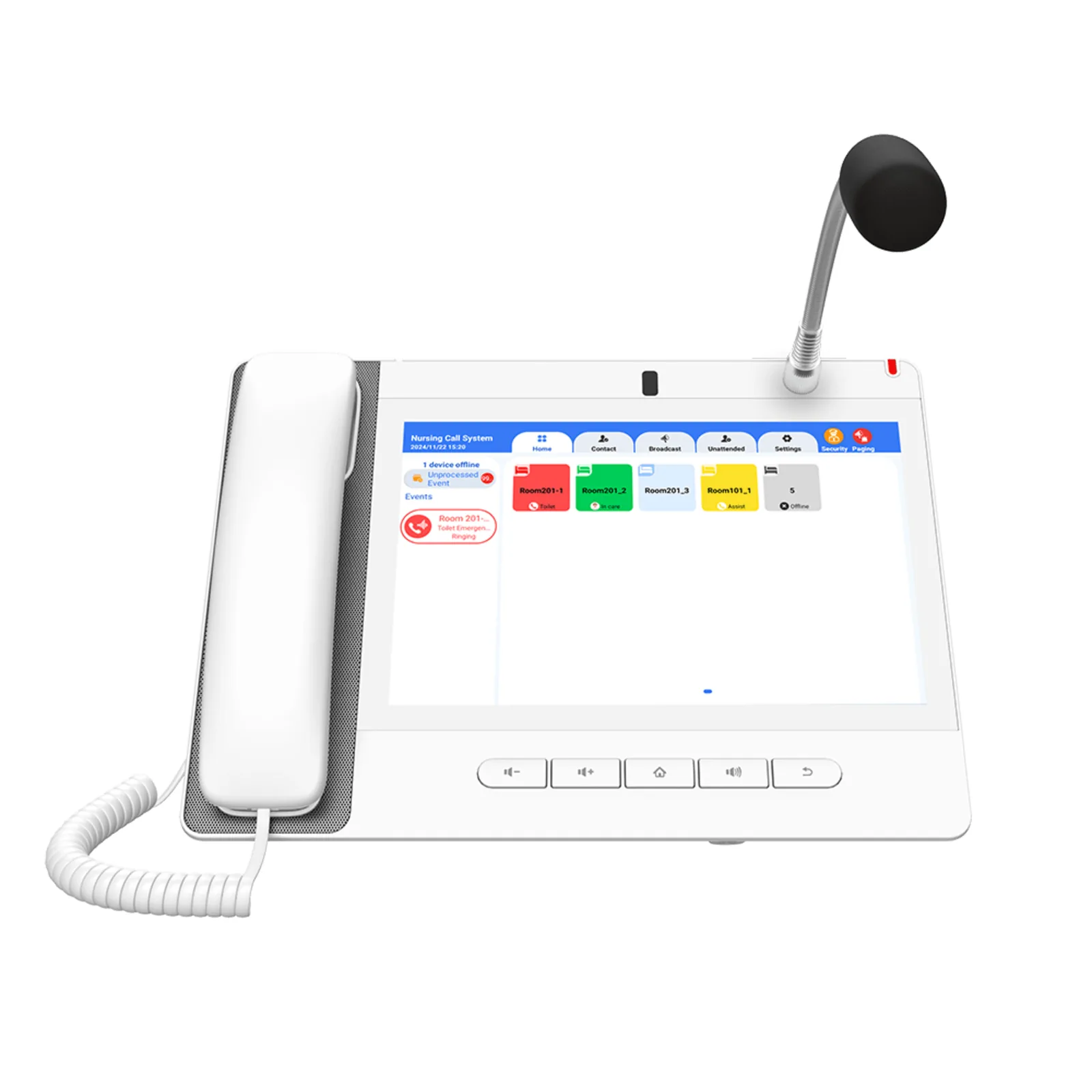 Teléfono IP Color Blanco Android 9.0 Empresarial para voceo 20 líneas SIP, pantalla táctil, Wi-Fi y Bluetooth, PoE, Voceo/ Musica por Multicast, puertos Gigabit, Sofware de Enfermeria