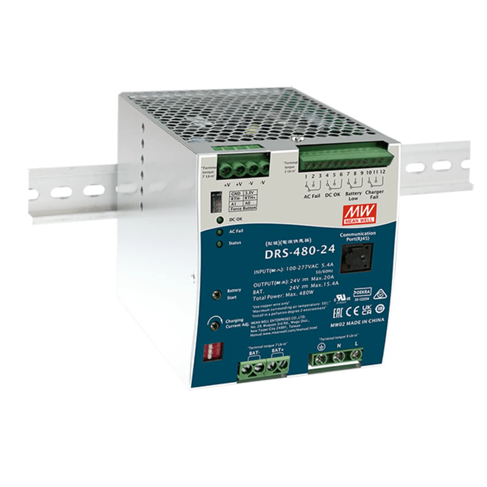 Fuente de Poder Industrial de 480W con Cargador de Baterías, salida 24Vcc, 20A, para montaje Riel Din