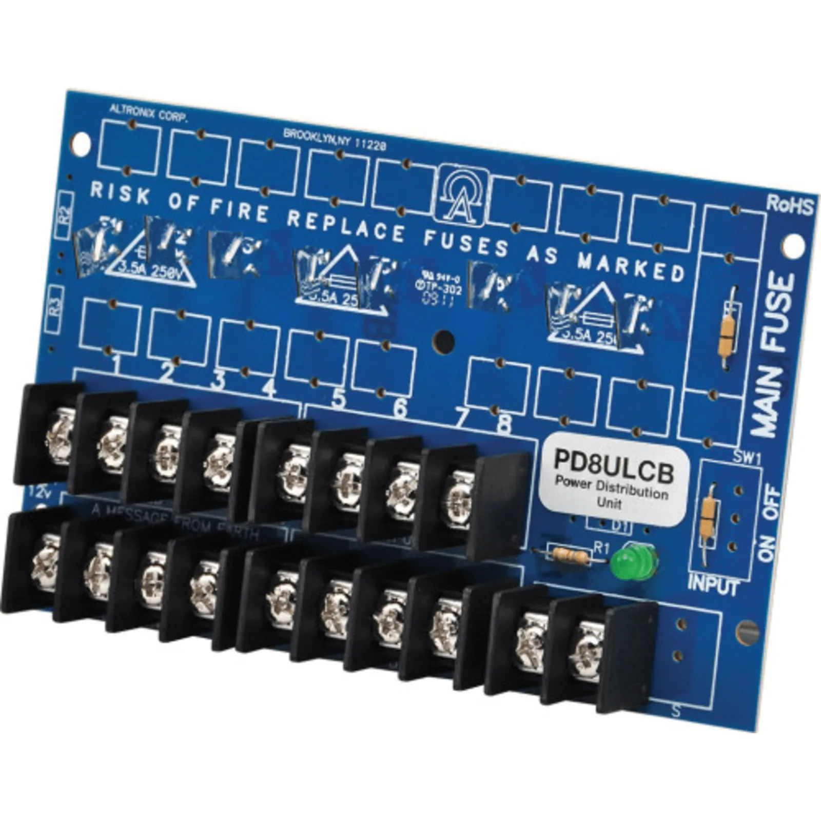 Módulo de Distribución de Energía UL PD8ULCB / 8 Salidas Clase 2 PTC Protegidas / Entrada 12-24VDC o 24-28VAC / Auto-resetable / Montaje Incluido / Garantía de Por Vida