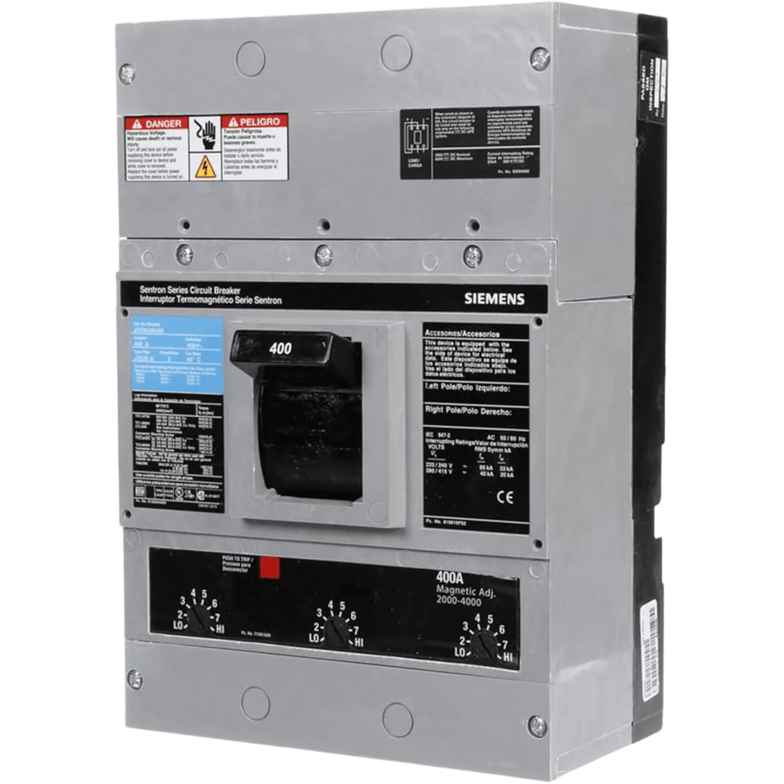Interruptor Termomagnético 600V 3X400A, Sin zapatas principales.