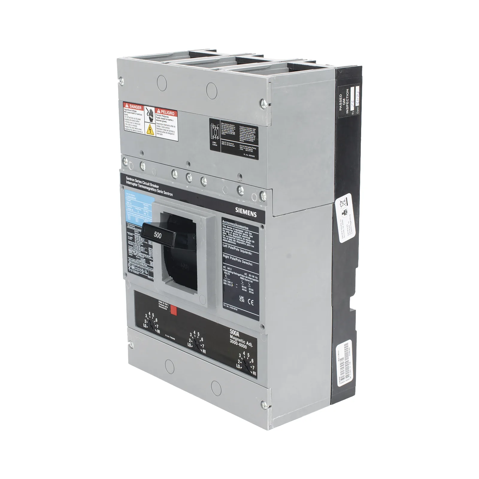 Interruptor Termomagnético 600V 3X500A, Sin zapatas principales.