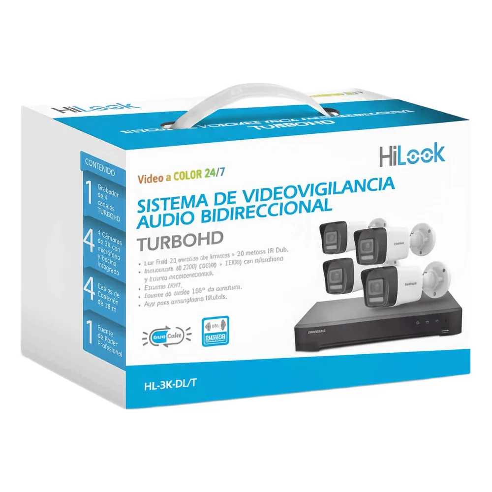 [Dual Light] Kit TurboHD 3K (5 Megapixel Lite) / DVR 4 Canales / 4 Cámaras bala Dual Light / Audio bidireccional / Accesorios de Interconexión / Fuente de Poder