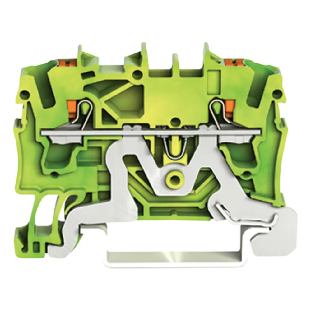 Borna de Tierra TOPJOB® S / 2 Conductores / Sección 2.5 mm² / Tecnología Push-in CAGE CLAMP® / Operación con Tecla / Montaje Carril DIN 35x15 y 35x7.5 / Color Verde-Amarillo / Aplicaciones Ex y Ferroviarias / Certificacio