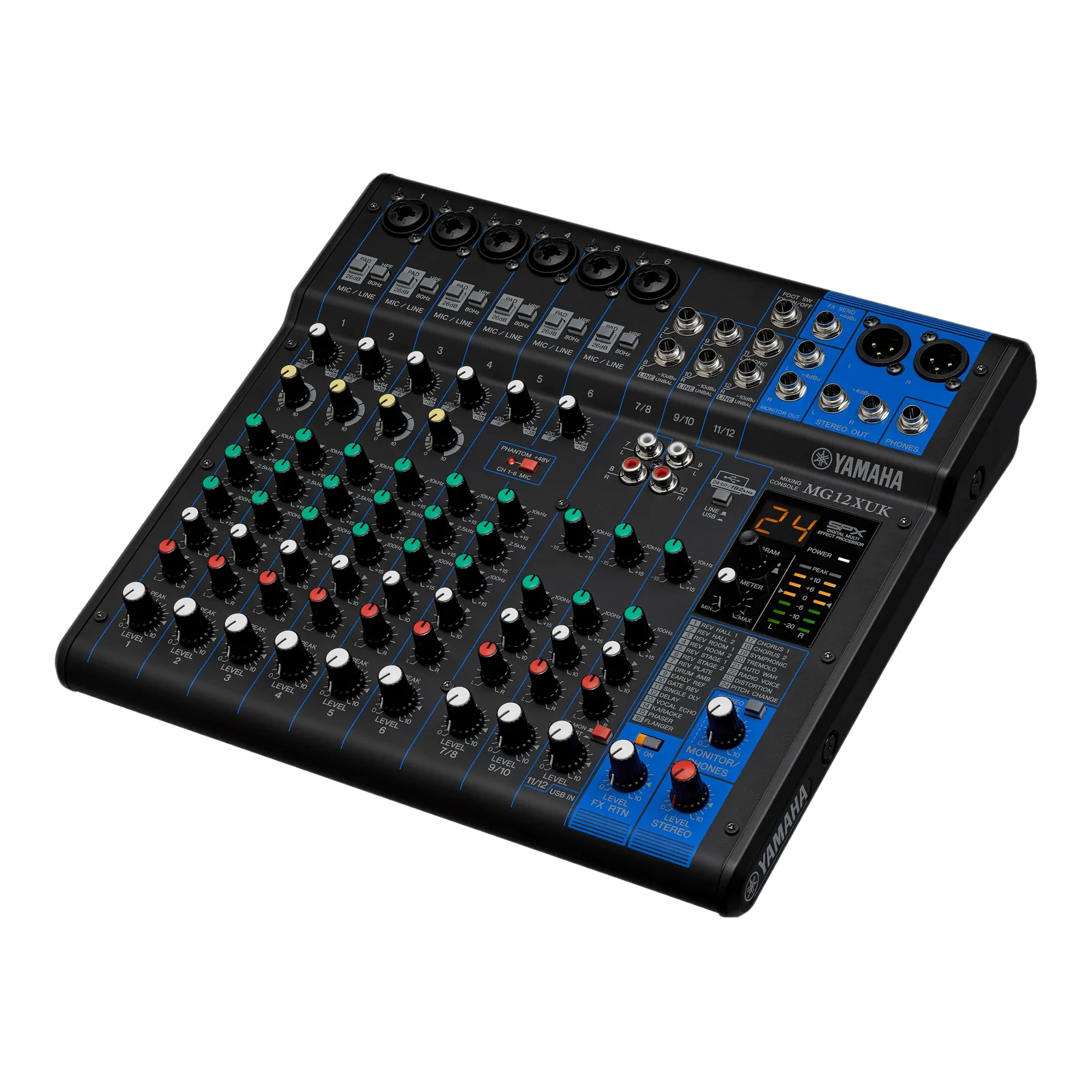 Mezcladora de Audio | 12 Canales | 6 Entradas de Micrófono/línea | 2 Entradas Estéreo | Efectos Integrados | Alimentación Phantom | USB | Con Perillas de Nivel