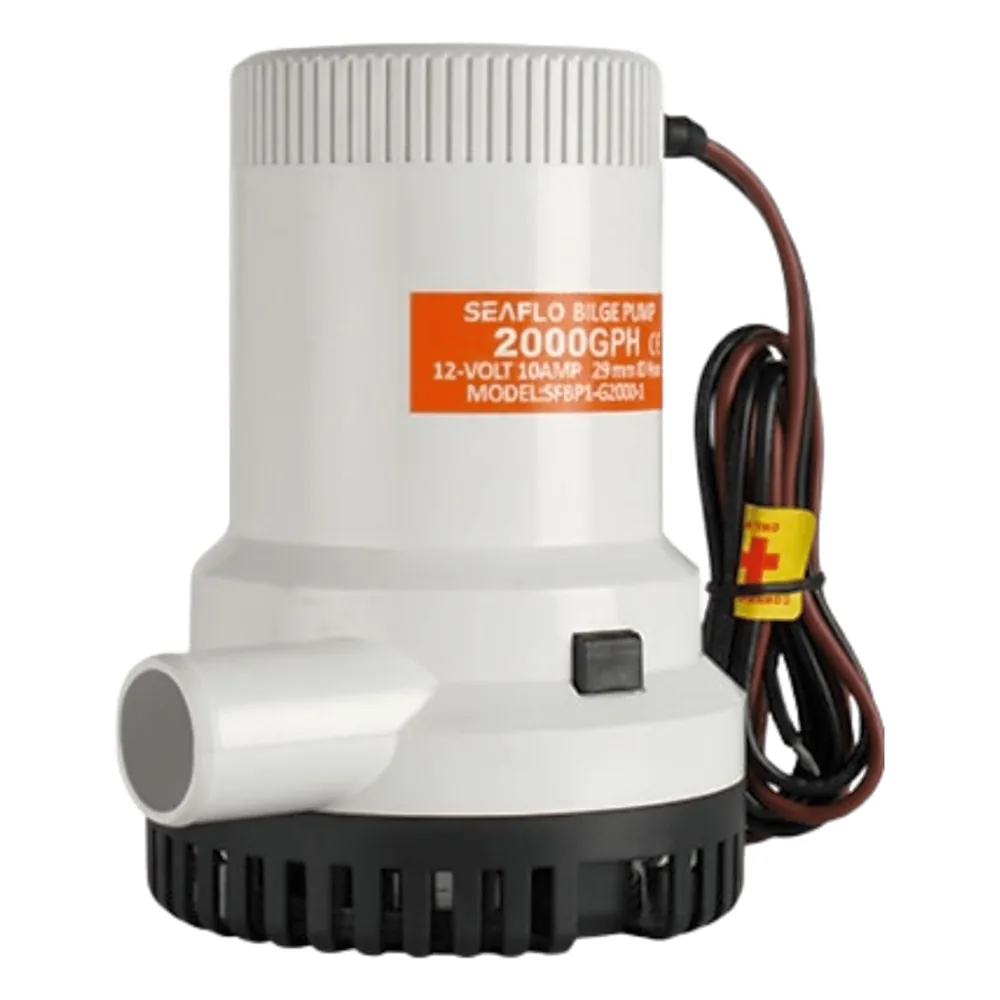 Bomba de Achique Sumergible SEAFLO SFBP1-G2000-01 / 2,000 GPH (7,571 LPH) / 12V CD / Eje de Acero Inoxidable / Operación en Seco / Protección Anti-Aire / Sellos Herméticos / Cableado Marino / CE, RoHS, ISO 8849