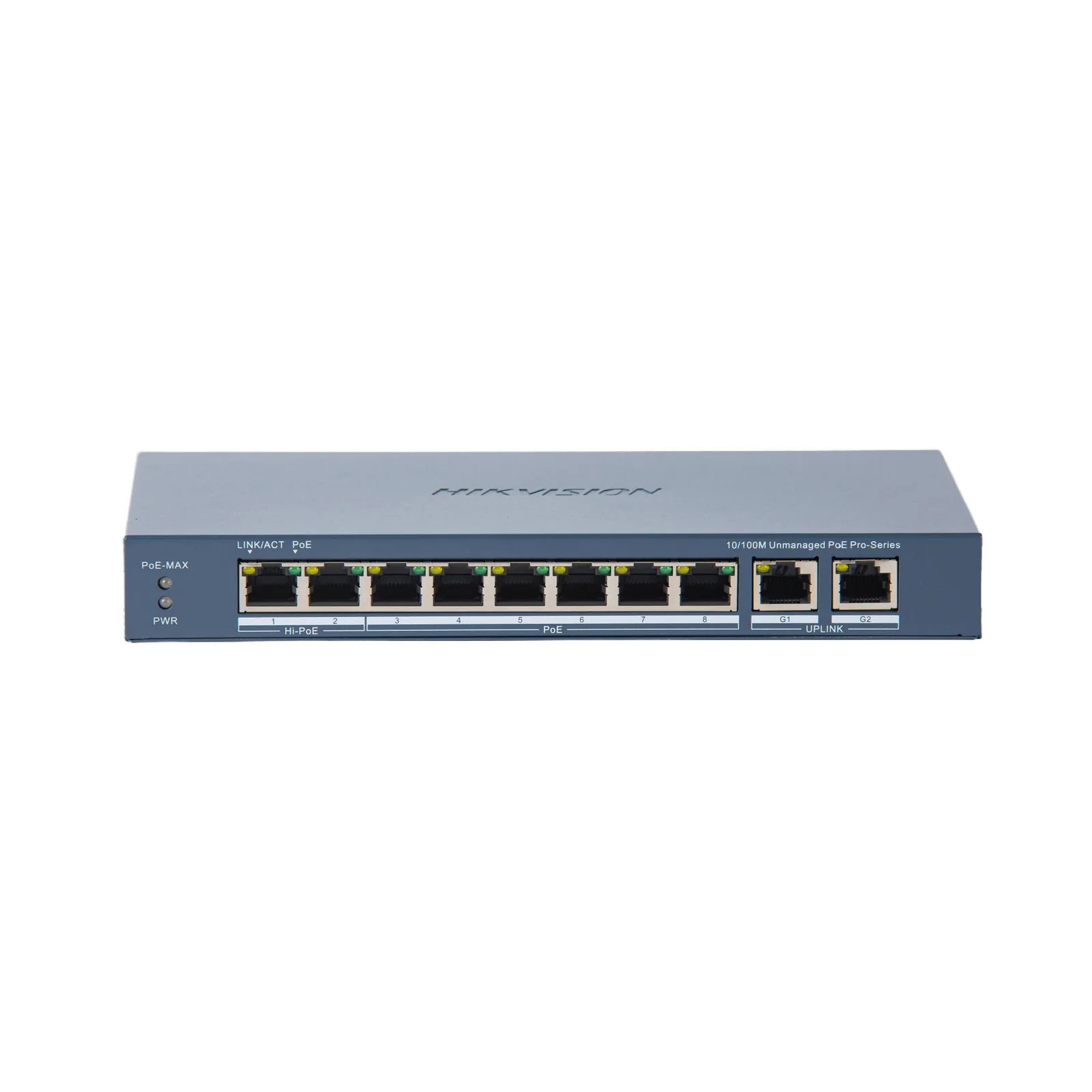 Switch PoE+ / No Administrable / 7 Puertos 10/100 Mbps 802.3 af/at (30 W) / 1 Puerto 10/100 Mbps Hi-PoE (90 W) / 2 Puertos 1000 Mbps Uplink / Modo Extendido hasta 300 Metros / 110 Watts