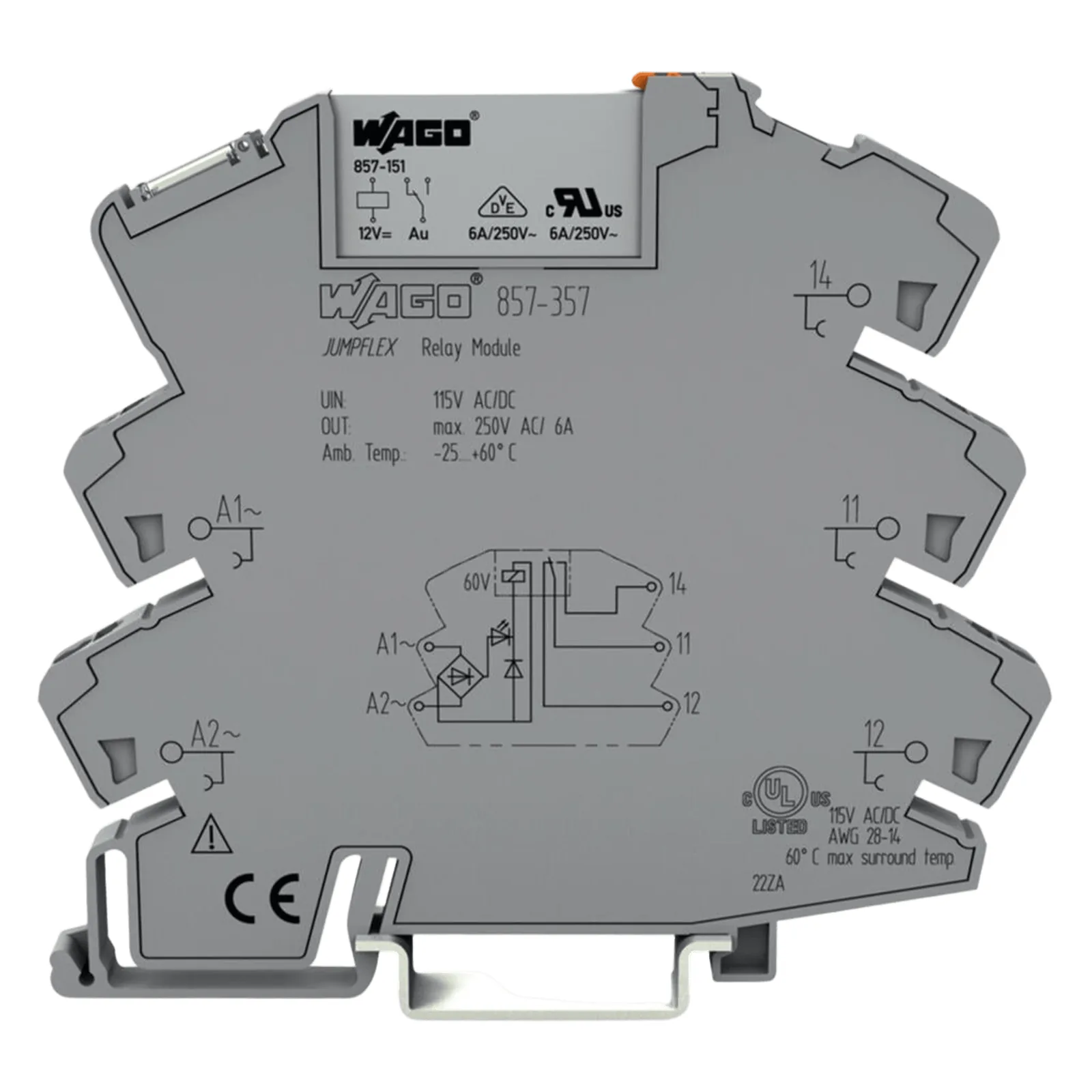 Módulo Relé WAGO / 115V AC/DC / 1 Inversor / 6A Corriente Permanente / Indicador LED Amarillo / Push-in CAGE CLAMP® / Aislamiento Reforzado / IP20 / Carril DIN