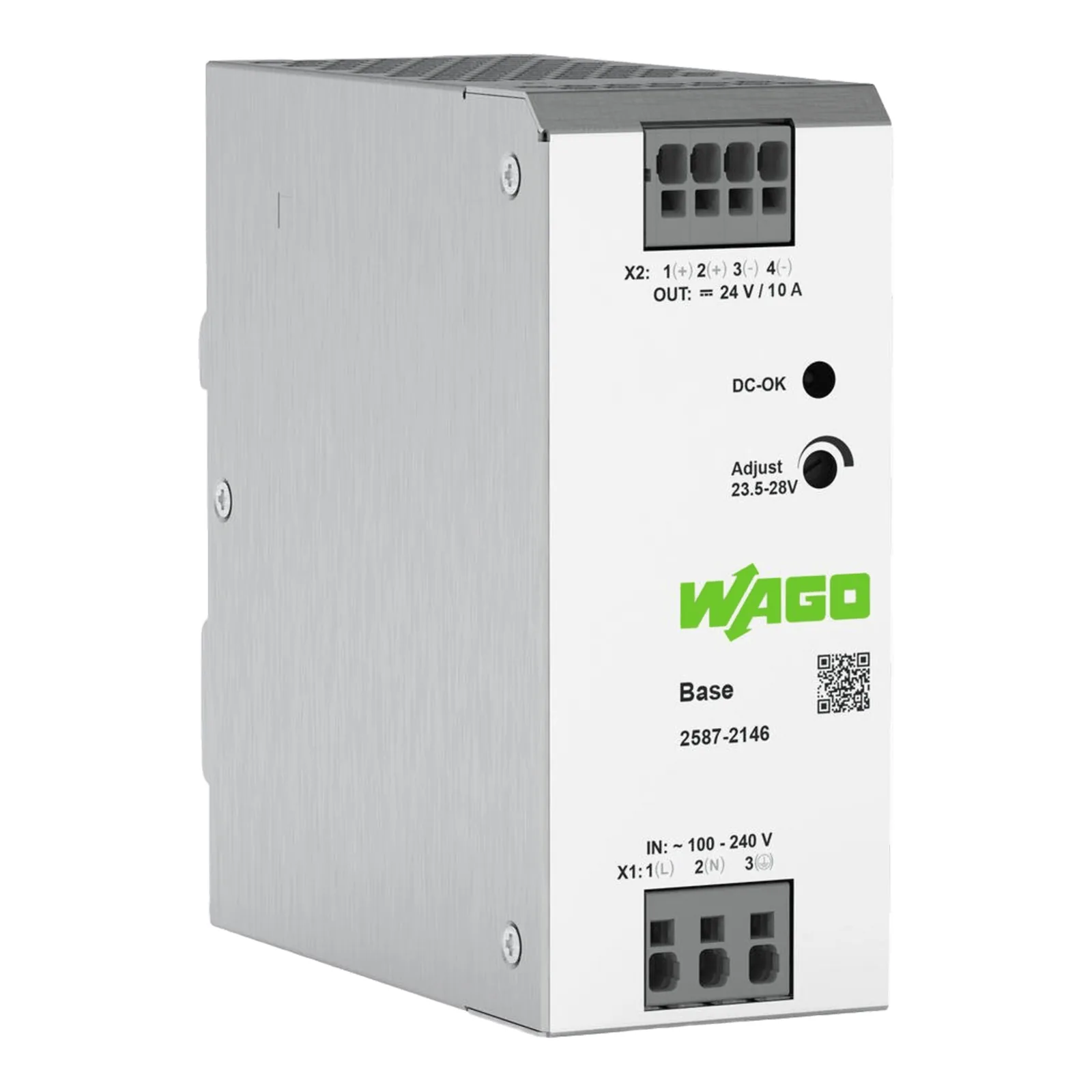 Fuente de Alimentación BASE / 24V DC 10A 240W / Monofásica 100-240V AC / Push-in CAGE CLAMP® / Sincronización Primaria / Autoenfriamiento / Paralelo y Serie / IP20 / Carril DIN