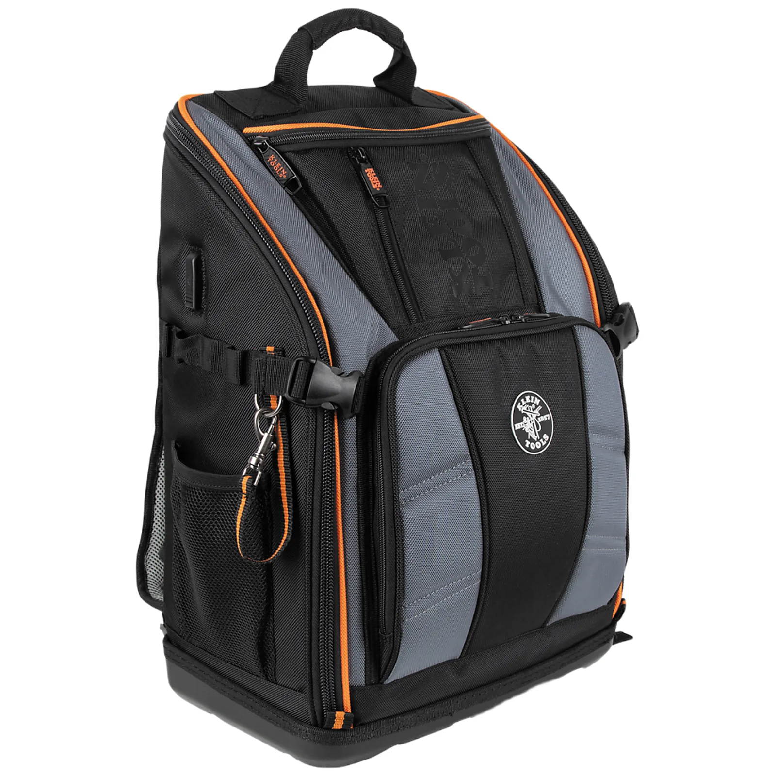 Mochila Profesional para Herramientas / 27 Bolsillos / Acceso Rápido y Estación de Trabajo / Base Moldeada Ancha / Interior Naranja / USB-C / Soporte para Lámpara
