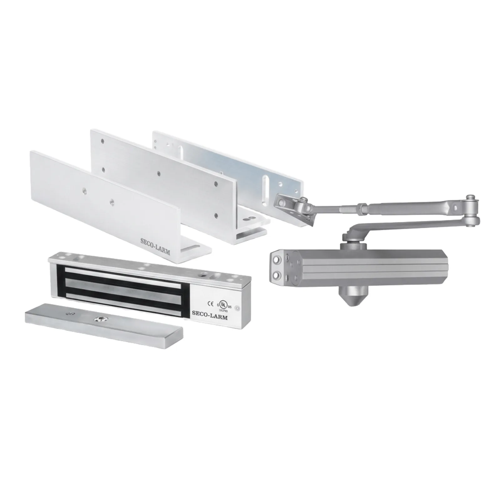 Kit para Control de Acceso Incluye Chapa Magnética de 600 Lbs / Montajes L y Z / Cierra puerta para 150 Kg / Certificación UL