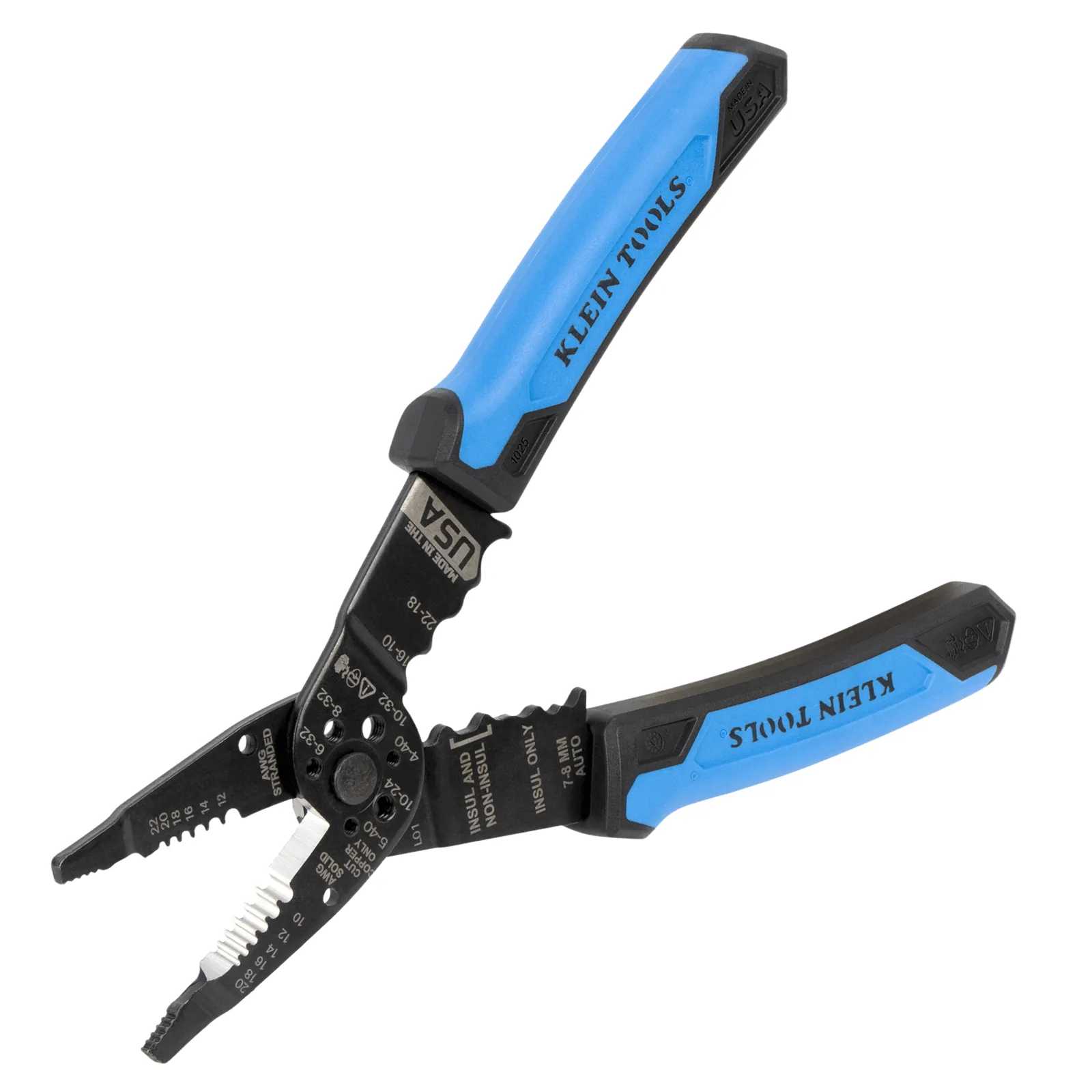 Pinzas Pelacables Multiuso / Pela Cables Sólidos 10-20 AWG y Trenzados 12-22 AWG / Capacidad Ponchado Terminales 10-22 AWG / Corte Tornillos 4-40 a 10-32 / Acero Óxido Negro / Mangos TPE Ergonómicos
