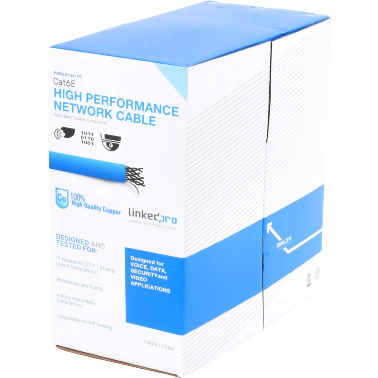 Bobina de Cable de 305 Metros (1000 Pies) Cat6, CM, 24 AWG, Alto Rendimiento, ETL, UL, Color Azul, Super Flexible, para Aplicaciones de Videovigilancia, Video HD, y Redes de Datos. Uso Interior