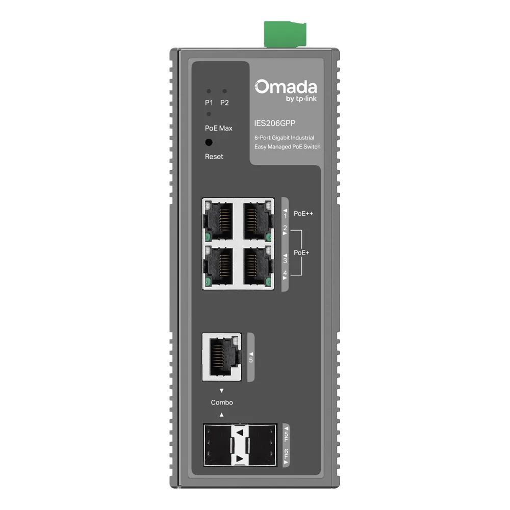 Switch Industrial Easy Managed / 6 Puertos Gigabit (4 PoE) / 120W PoE Budget / IP40 / -40°C a 75°C / 6kV Protección Rayos / Cloud Management Omada / DIN-Rail