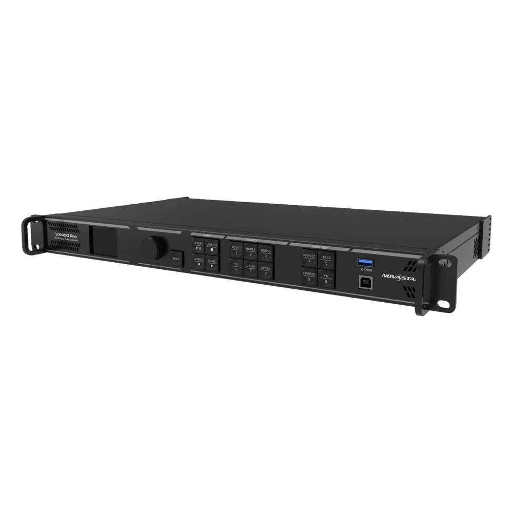 Controlador All-in-One VX400 Pro / Procesamiento de Video 4K×2K@60Hz / 4 Puertos Ethernet Gigabit / 2.6 Millones de Píxeles / 6 Capas de Video / Fibra Óptica 10G / USB 3.0 Playback / Control Remoto