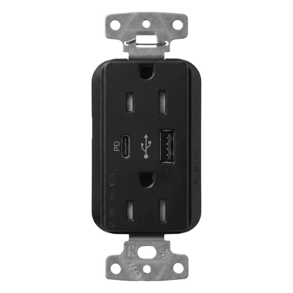 Receptáculo con USB Tipo A y C de 15 A 125 V, Power Delivery hasta 55 W, línea Claro acabado satinado Midnight