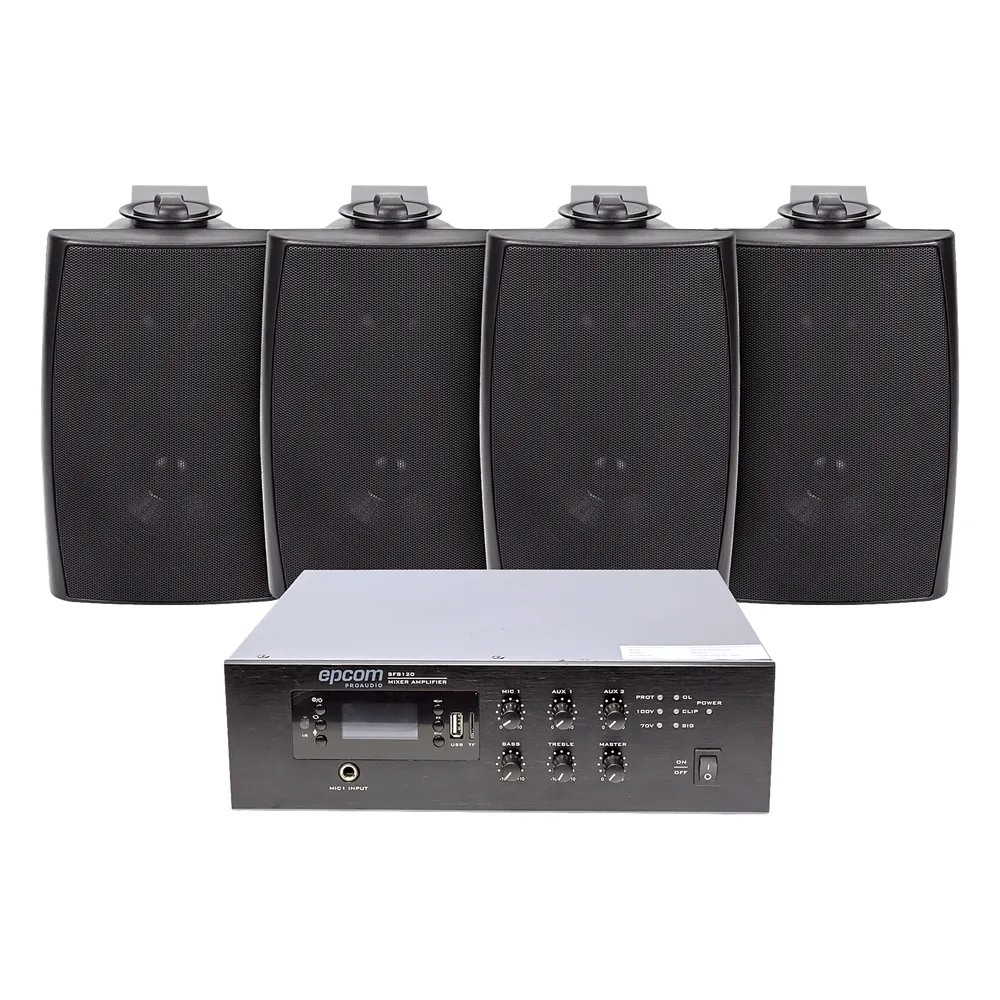 KIT de Amplificador de 240W para Escritorio | 4 Altavoces de Pared color Negro 2.5W - 20W | Sistema 70/100V