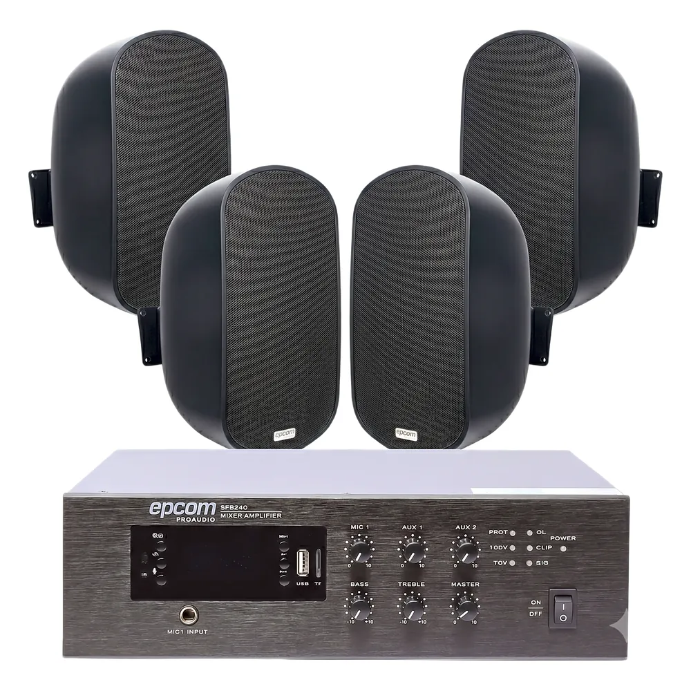 KIT de Amplificador de 240W para Escritorio | 4 Altavoces de Pared color Negro 3W - 50W | Sistema 70/100V