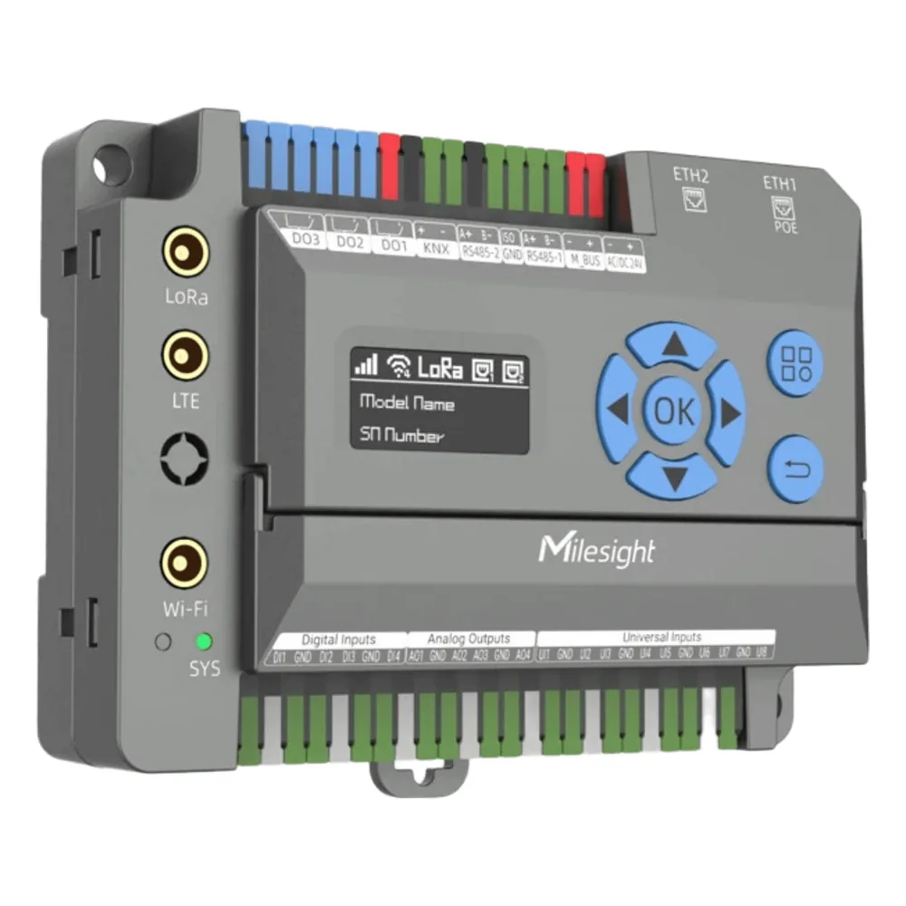 Gateway IoT LoRaWAN para Automatización de Edificios / Quad-Core 1.5 GHz / 8 Canales LoRaWAN / 2,000 Dispositivos / Edge Computing / 4G LTE / KNX + BACnet + Modbus / RS485 + M-Bus