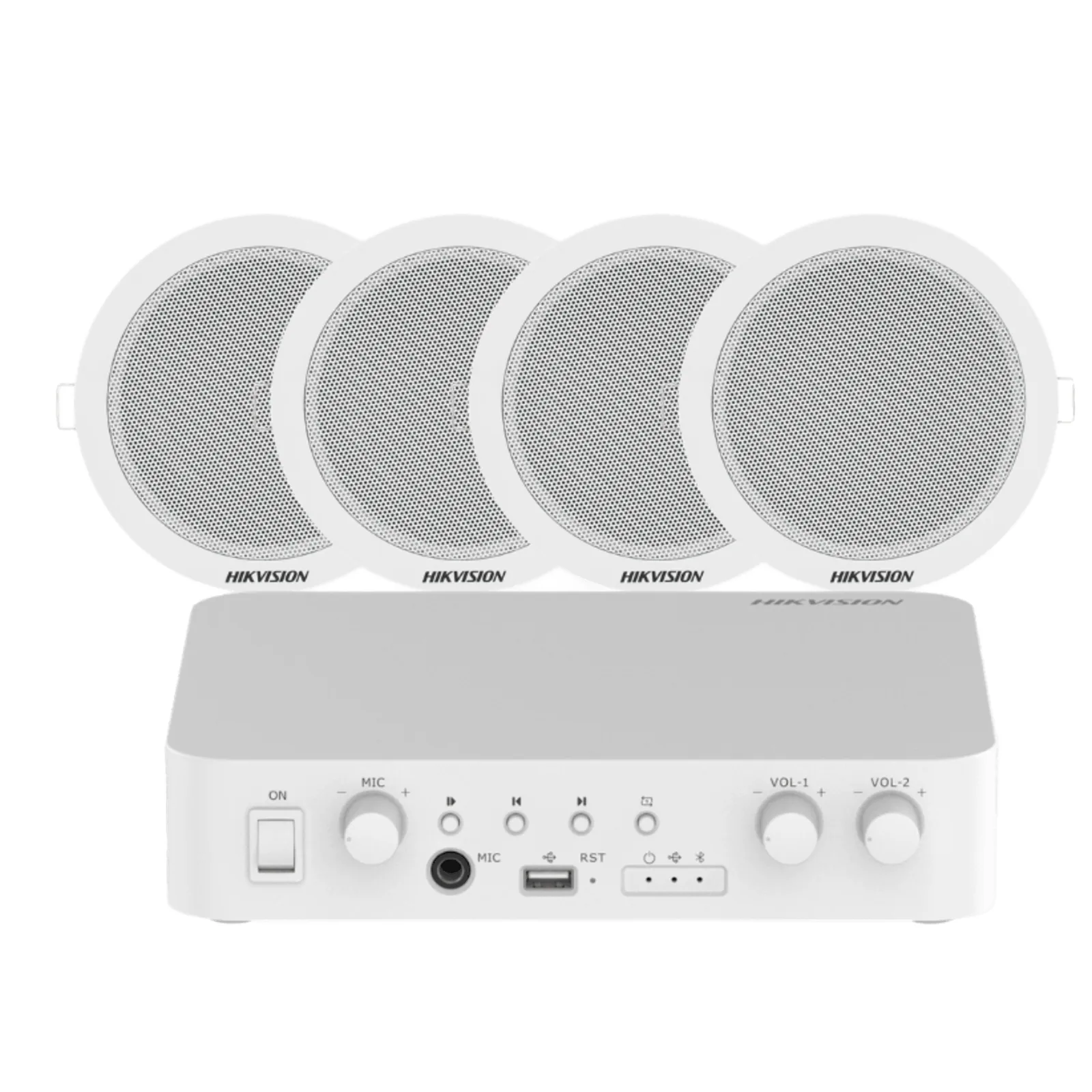 Kit de amplificador compatible con Spotify | bluetooth | 4 altavoces para plafón | sistema 100v | 2 canales con control de volumen independiente | música ambiental