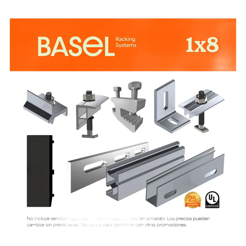 Sistema de Montaje Solar BASEL / Flat Roof Single Row / 8 Módulos / 140 km/h Viento / Riel N-S 2.14 m / Inclinación 15°