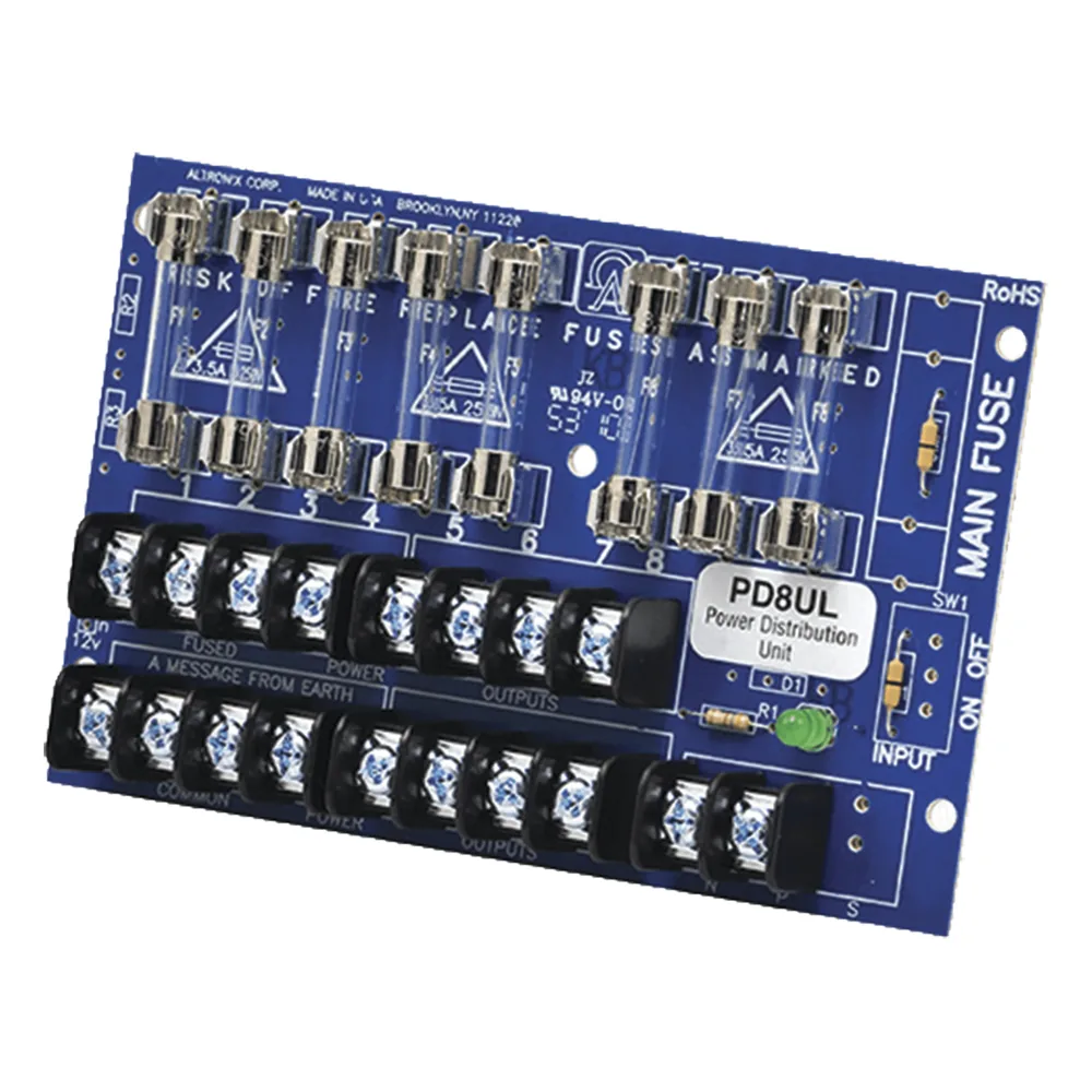 Tablero distribuidor de voltaje, 8 salidas con fusible de protección. Para uso con Fuentes de poder ALTRONIX.